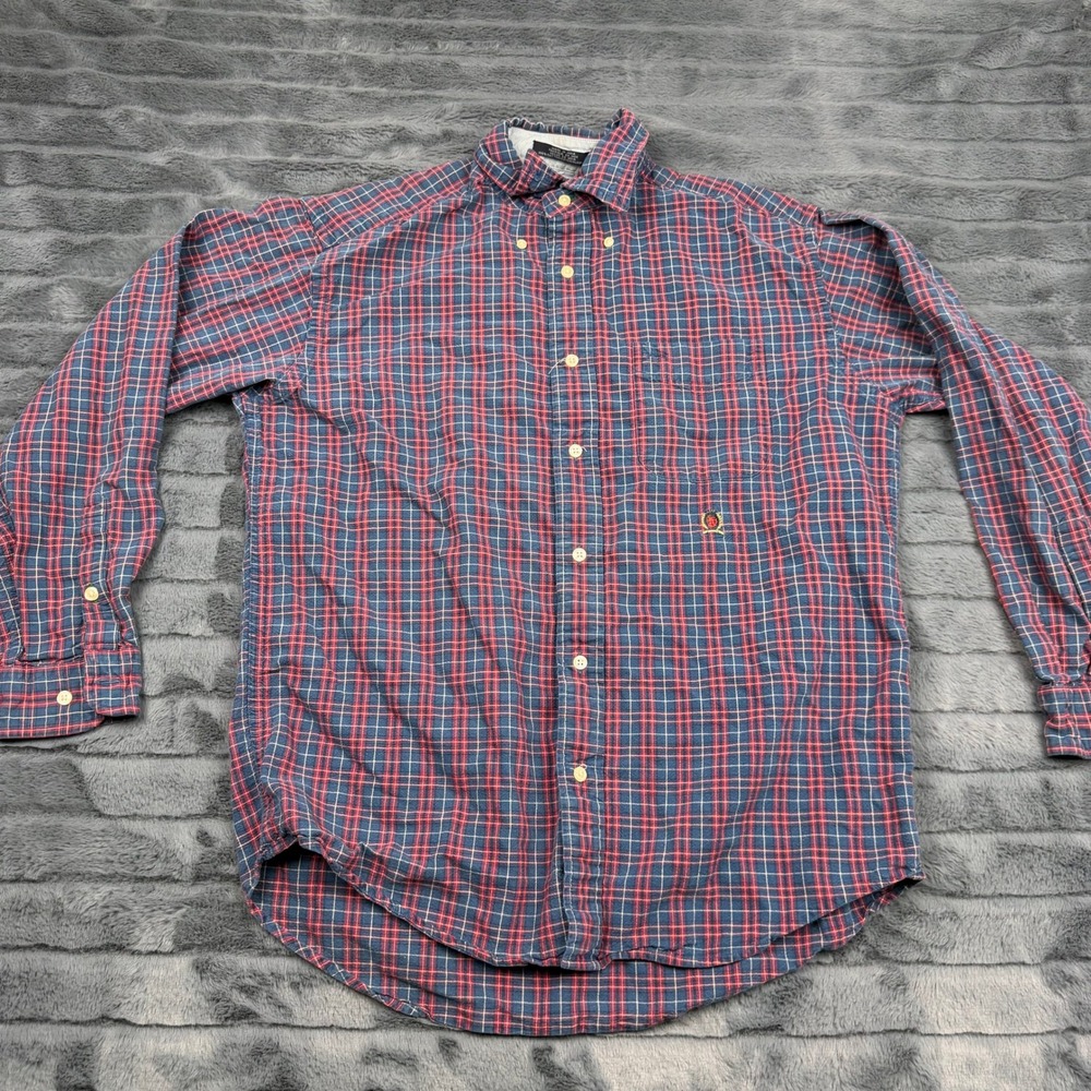 Tommy Hilfiger Mens Red Blue Plaid Long Sleeve Button Down Cotton Shirt Size M